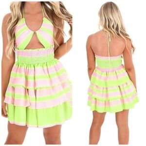 ✨️💓 NEW MAIN STRIP lost in thought cut out mini dress in green/pink ✨️💚